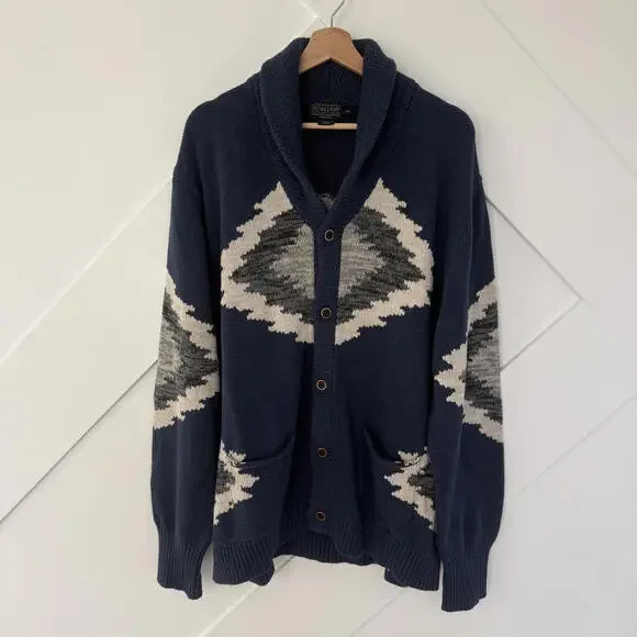 Pendleton XXL Navy Blue Cotton Cardigan Sweater with Geometric Aztec Pattern - Picture 1 of 5
